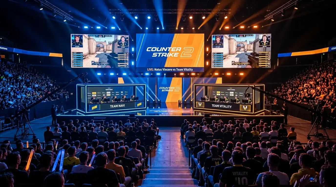 Competicion profesional de CS2 en directo con equipos en escenario