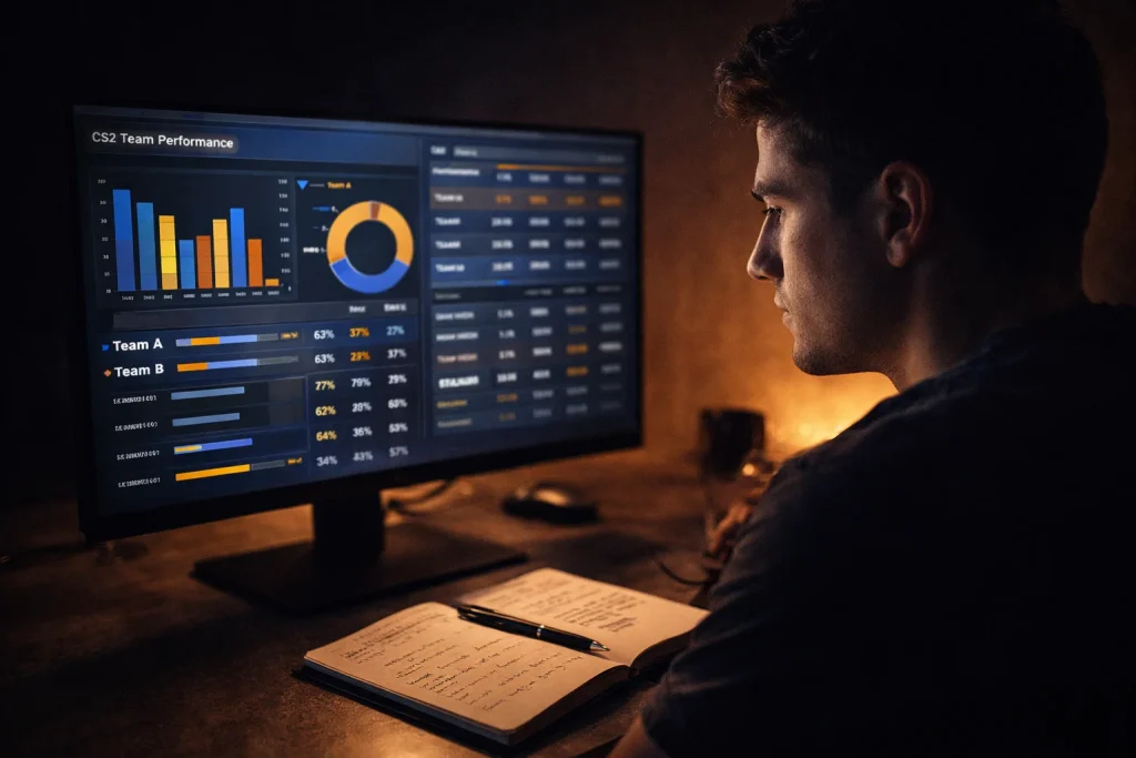 Analista de apuestas de CS2 revisando estadísticas de HLTV en una pantalla