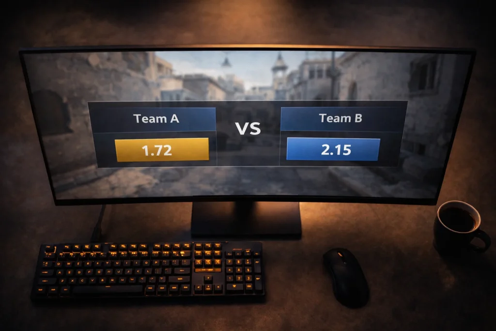 Pantalla de ordenador mostrando un partido de CS2 en directo con mercados de apuestas en vivo abiertos