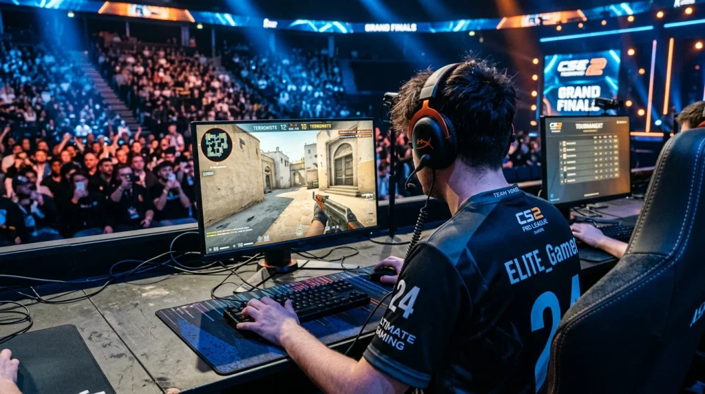 Jugador profesional de CS2 en un torneo con pantallas de mercados de apuestas al fondo